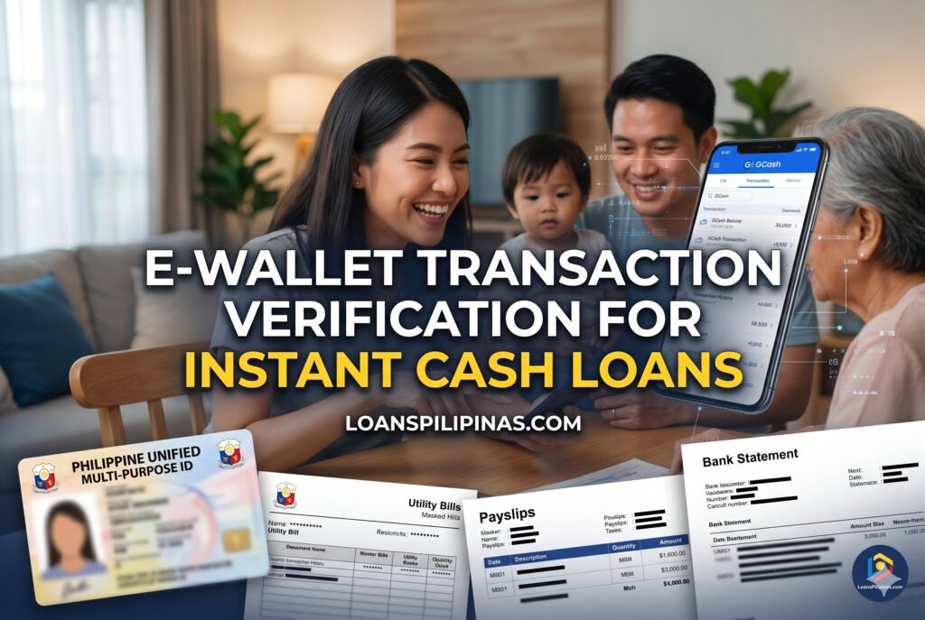 Filipino borrower using e-wallet history and digital verification for instant cash loan approval without payslip