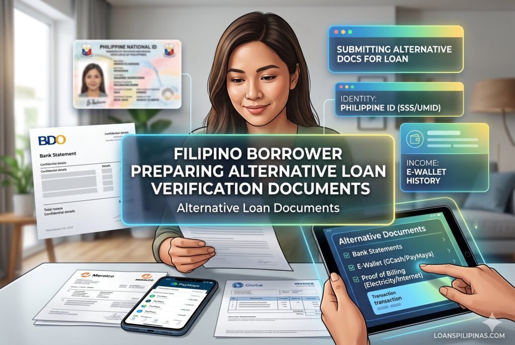Freelancer organizing e-wallet records and bank transaction history for instant cash loan application