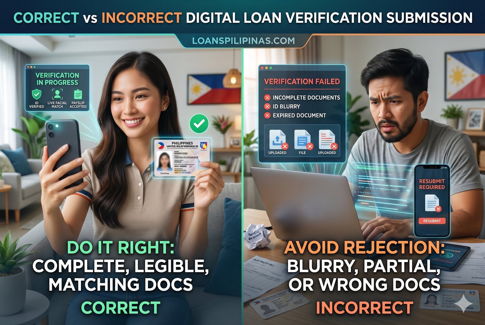 Comparison of clear ID verification versus failed document upload for Philippine loan applications