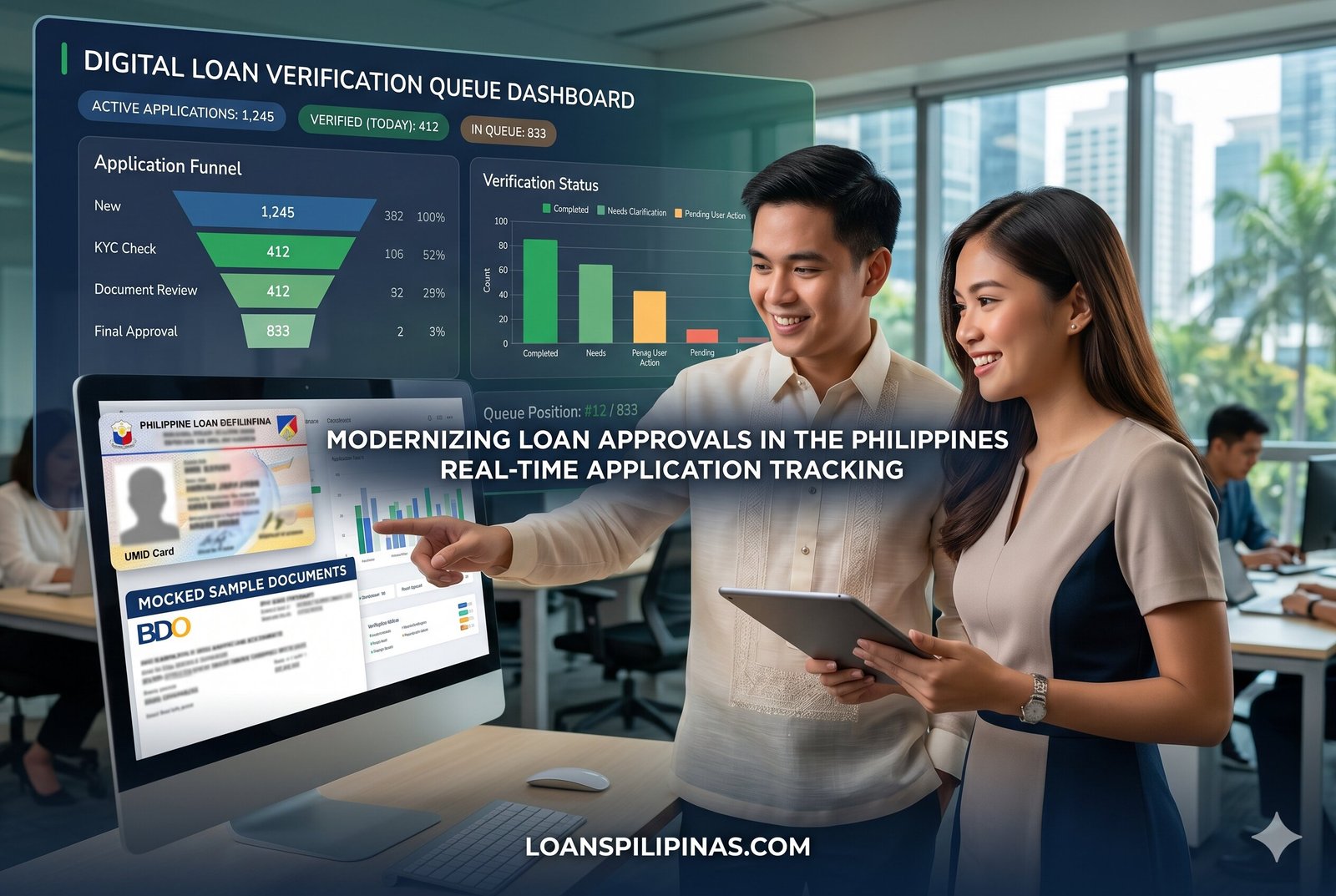 Digital lending verification dashboard showing pending review and identity mismatch alerts in the Philippines