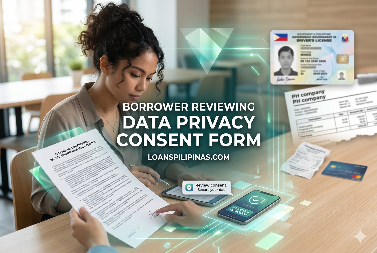 Filipino borrower reviewing data privacy consent and lending terms before submitting an online loan application