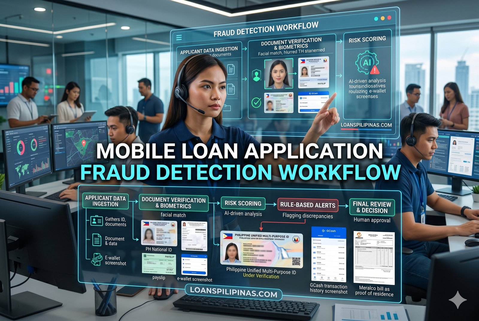 Philippine fintech fraud detection workflow showing device checks and manual review triggers